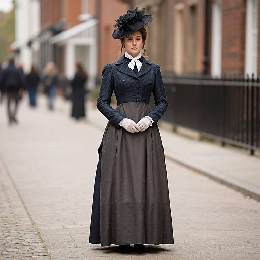 Photograph of a Victorian-style woman in black dress, white gloves, and hat, standing on a cobblestone street with blurred pedestrians.