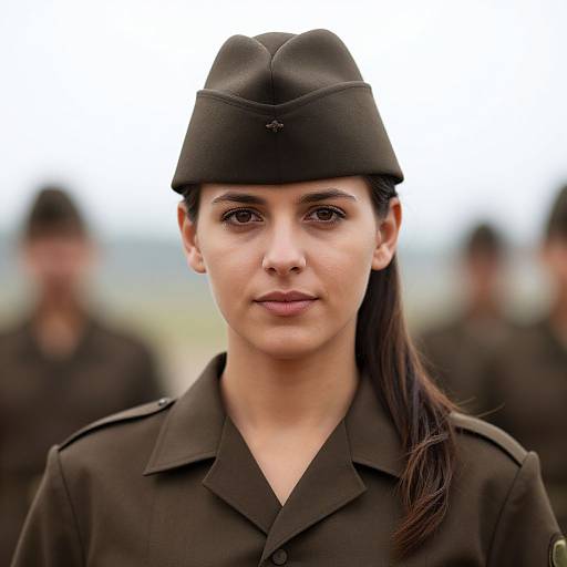 Photograph of a serious-faced woman with olive skin, dark brown eyes, and long black hair, wearing a black military cap and uniform, with blurred