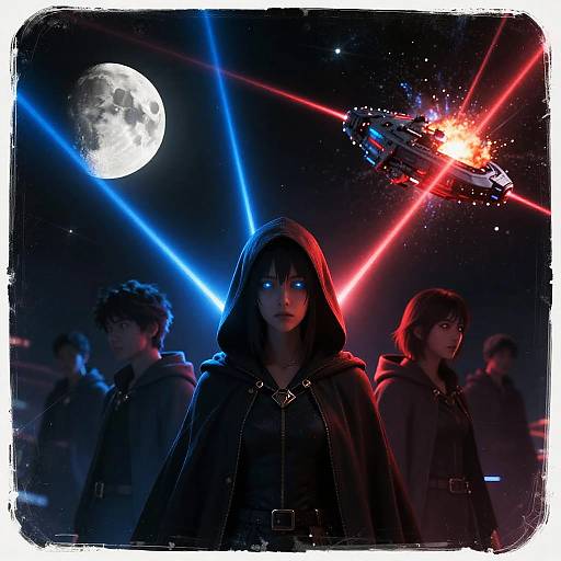 Digital artwork of a hooded figure with glowing blue eyes, surrounded by others, under a moonlit sky with laser beams and a space battle above.