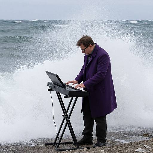 Photograph of a man in a purple coat playing a keyboard near crashing ocean waves, with white sea spray splashing around.