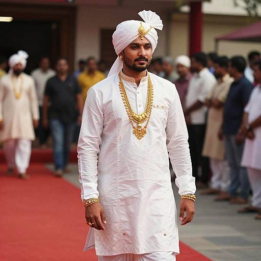 Groom in White Turban on Red Carpet