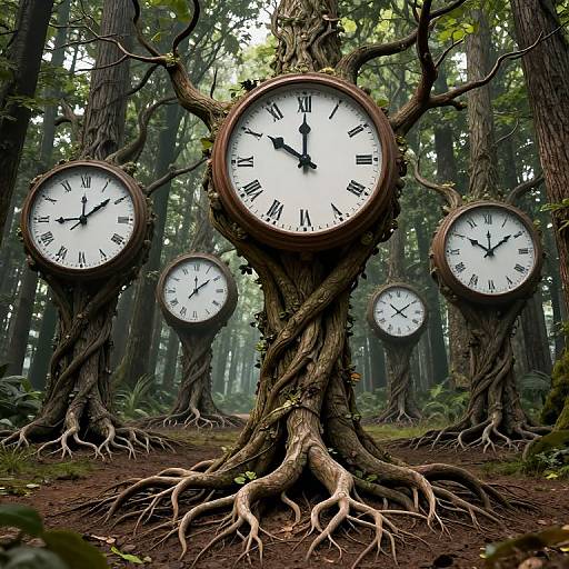 Photorealistic digital artwork of a forest with large, clock-faced trees, each with twisted trunks and Roman numerals, standing amidst dense green foliage