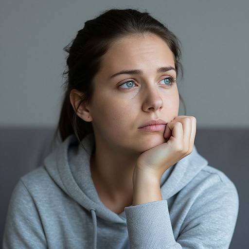 Pensive Woman in Gray Hoodie