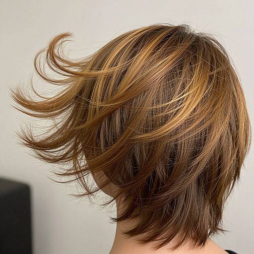 Close-up photograph of a woman's head, showcasing her short, layered, brown and blonde ombre hair with dynamic, wind-swept motion