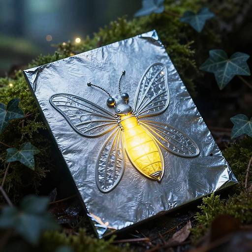 Photograph of a glowing, silver wireframe butterfly lantern on textured silver paper, surrounded by green moss and dark foliage.