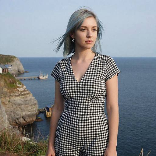 Photograph of a young woman with blue hair, wearing a black and white checkered dress, standing on a cliff overlooking a blue ocean with rocky cliffs