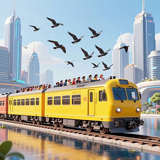 Bright yellow train with passengers on top, flying birds in sky, modern skyscrapers in background; vibrant, digital illustration.