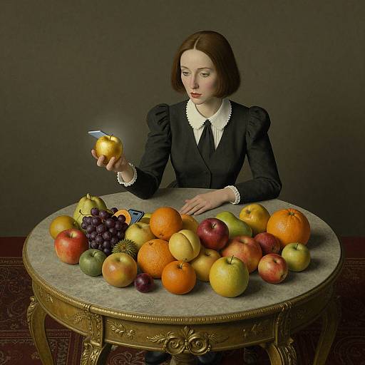 Digital art of a pale-skinned woman with brown bob haircut, black dress, holding a glowing apple over a round, ornate table with various fruits