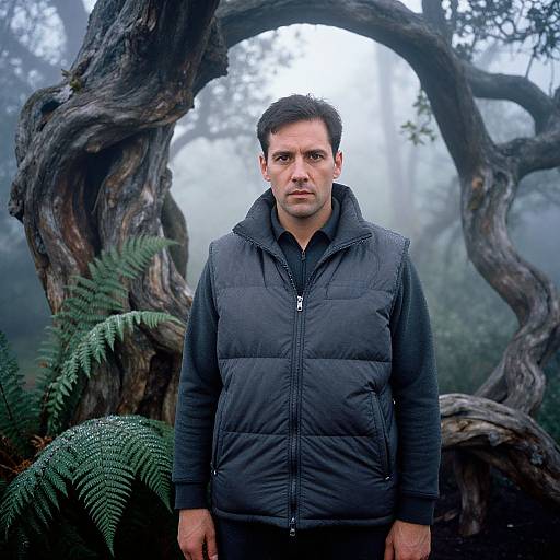 Photograph of a serious-looking man with short black hair, wearing a black puffy jacket, standing in a misty forest with twisted, gnar