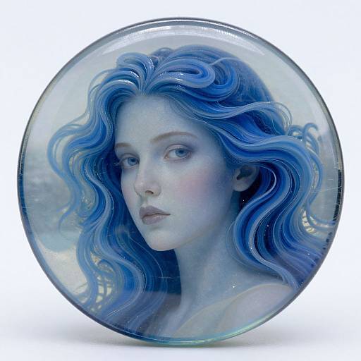 Photograph of a realistic glass sculpture depicting a pale-skinned woman with vivid blue, wavy hair, enclosed in a transparent sphere, with a calm