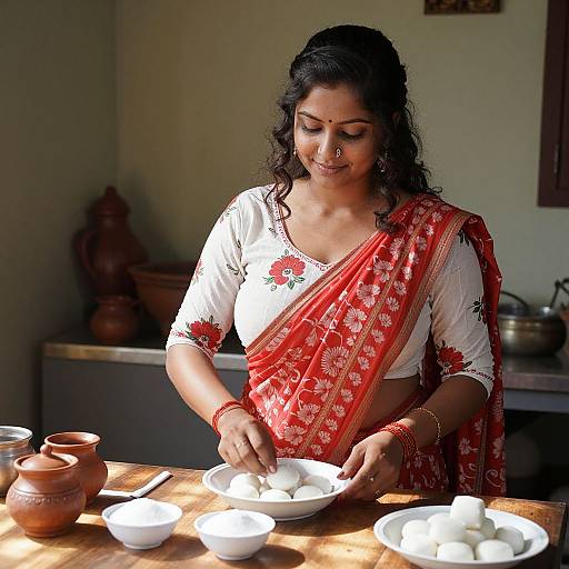 Photograph of a smiling Indian woman with dark hair, wearing a red and white floral saree, preparing white rice in a sunlit kitchen.