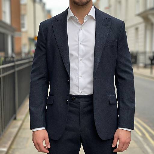 Photograph of a man in a dark navy suit, white dress shirt, standing on a city street with blurred buildings in the background.