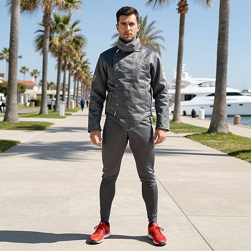 Photograph of a muscular man with short dark hair in a black leather jacket, black pants, and red shoes, standing on a sunny, palm-tree