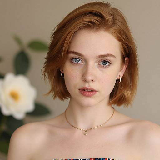Photograph of a fair-skinned, red-haired young woman with blue eyes, wearing small hoop earrings and a delicate necklace, against a softly blurred floral