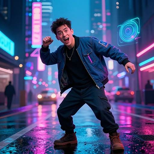 Photograph of a young man with spiked hair, wearing a blue jacket, black pants, and brown boots, energetically posing in a neon-l