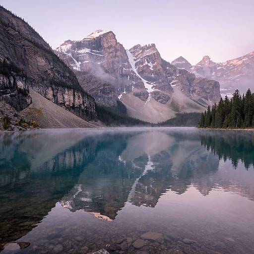 Photograph of a serene mountain lake with clear reflection, surrounded by pine trees and snow-capped peaks under a misty sky.