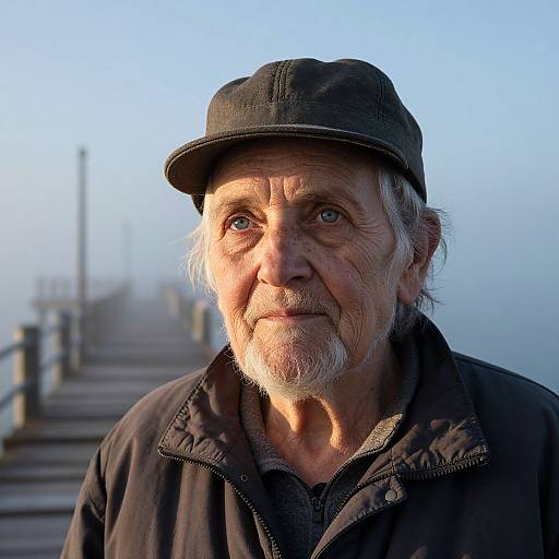 Hyperrealistic Elderly Woman on Foggy Pier