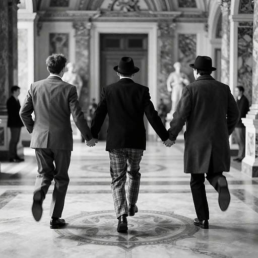 Three Men Running Hand in Hand in Ornate Marble Hall