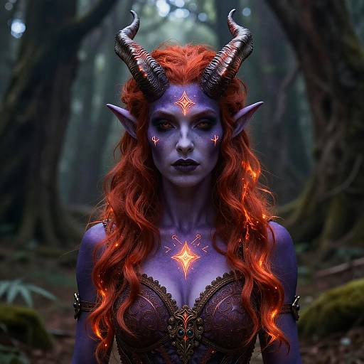 Elegant Mysterious Tiefling in Enchanted Forest