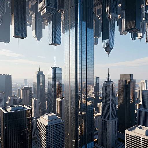 Photograph of a modern cityscape with towering, glass-covered skyscrapers reflecting sunlight, creating a bright, dynamic urban skyline with blue sky in the