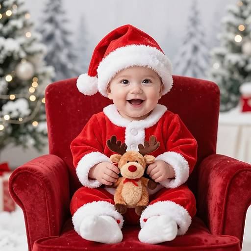 Photograph of a smiling baby in a red Santa suit and hat, holding a reindeer stuffed toy, seated on a red velvet chair, with blurred