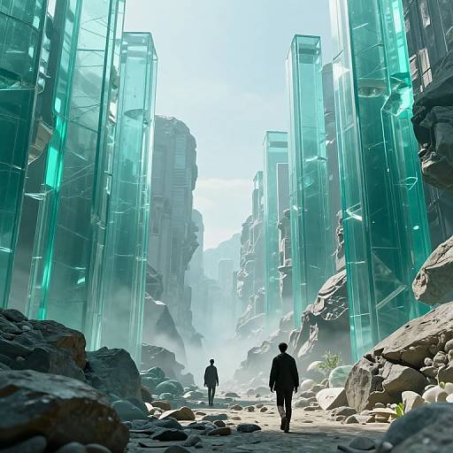 Digital art: Futuristic, glass skyscrapers with neon lights flanking a rocky, misty path; two silhouetted figures walk towards