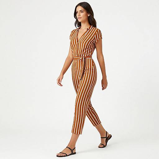 Photograph of a confident woman with dark hair, wearing a red and white vertical striped jumpsuit and black sandals, walking against a plain white background.