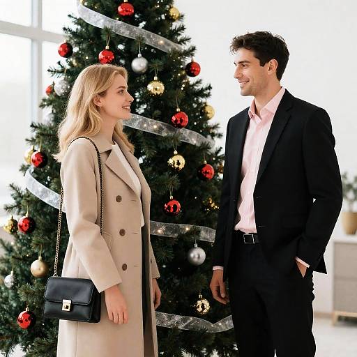 Couple Standing by Decorated Christmas Tree