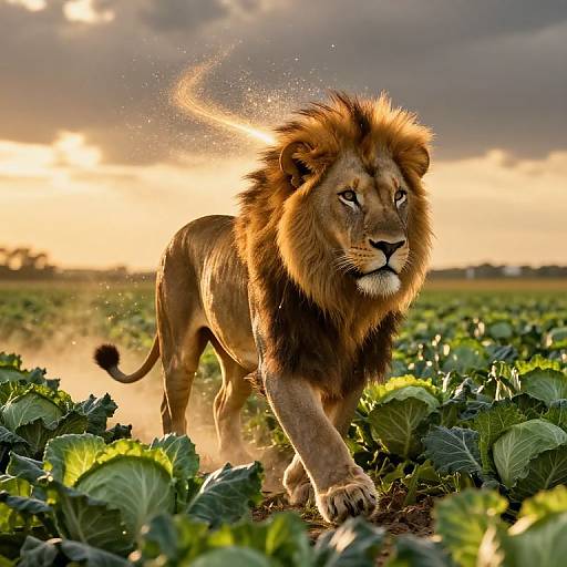 Photograph of a majestic male lion with a golden mane, walking through a vibrant green field at sunset, with dramatic clouds and sunlight in the background.