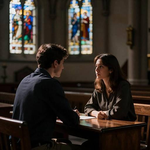 Intimate Conversation at Dim Church Table