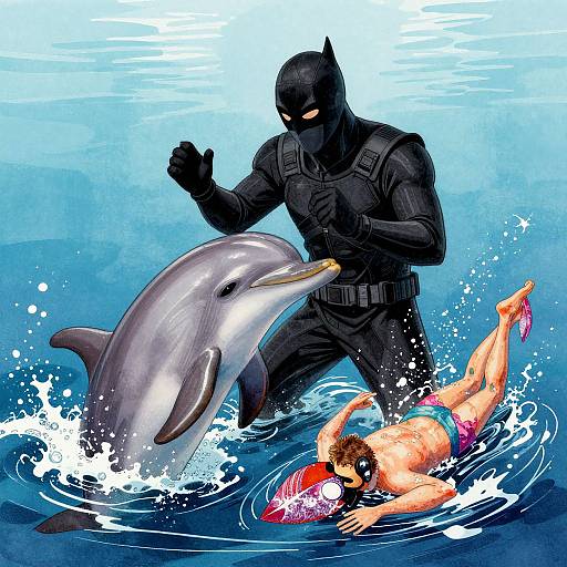 Digital art: Black masked vigilante in wetsuit confronts a dolphin near a splashing swimmer in a colorful swimsuit and red cap in