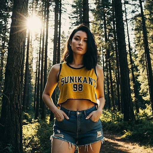 Woman in Cropped Varsity Tank Top in Sunlit Forest