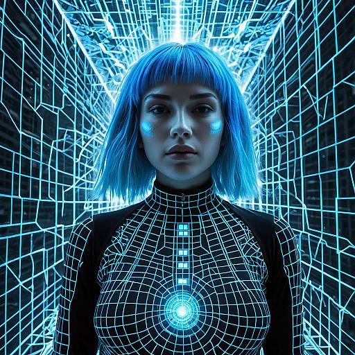 Cybernetic Woman Amid Holographic Grid Metropolis
