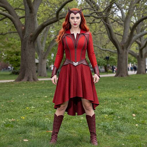 Photograph of a red-haired woman in a red, corset-style dress with horn headpiece, standing in a park with green grass and trees.