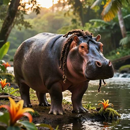 Photorealistic image of a hippopotamus with dreadlocks standing in a lush, tropical jungle stream, surrounded by vibrant orange lilies and sunlight filtering