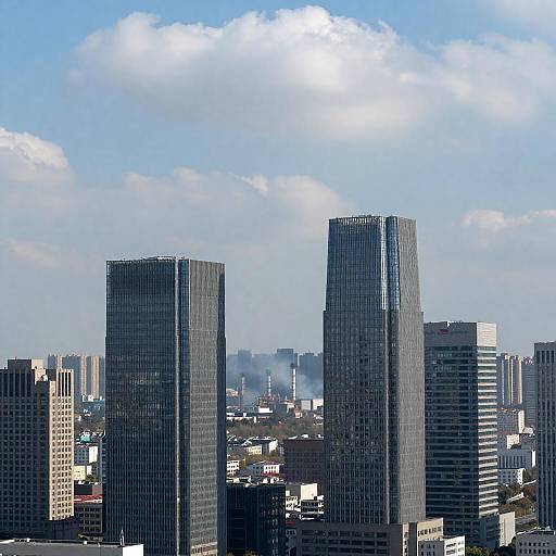 Sunlit Glass Skyscrapers Amid Industrial Smoke