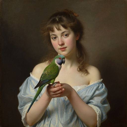 Classical painting of a fair-skinned woman with brown hair, wearing a blue off-shoulder dress, gently holding a green parakeet.