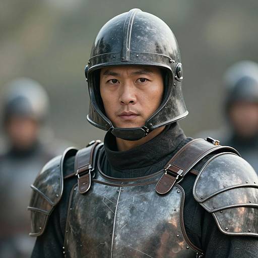 Photograph of a serious Asian man in medieval-style black steel armor with a helmet, standing outdoors with blurred armored figures in the background.
