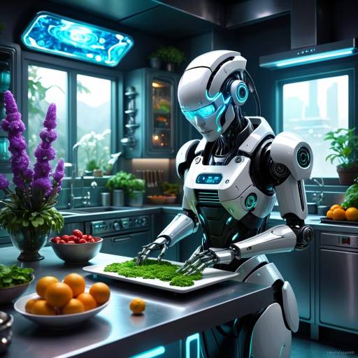 Futuristic Robot Preparing Food in Modern Kitchen