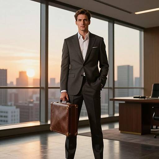Photograph of a tall, handsome man in a black suit, white shirt, holding a brown leather briefcase, standing in a modern office with city