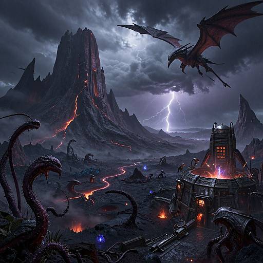 Dark fantasy landscape: towering mountains, lightning, glowing lava, dragons, ruined futuristic building, stormy sky, and eerie, glowing blue lights. Digital