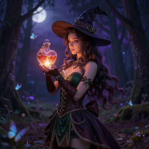 Digital fantasy artwork: A beautiful witch with long purple hair, green eyes, and black dress, holding glowing heart-shaped potion under moonlight, surrounded by