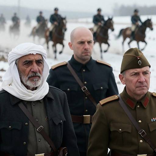 Intense Expressions of Three Men in Battle