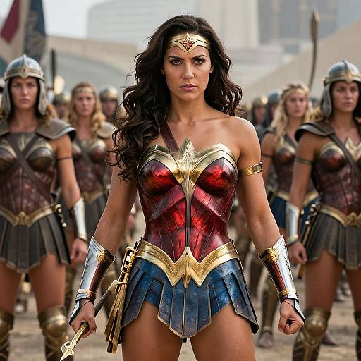 Photograph of a muscular woman with long black hair, wearing Wonder Woman's iconic red and blue costume, leading a group of armored women with helmets and
