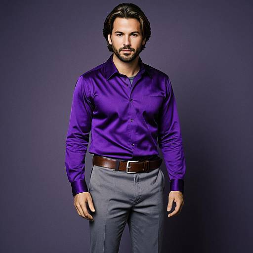 Man in Purple Shirt and Grey Pants