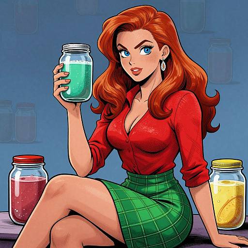 Confident Red-Haired Woman with Jars