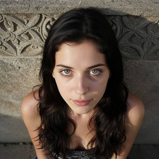 Photograph of a young woman with fair skin, blue eyes, and long dark hair, looking up at the camera against an ornate stone wall.