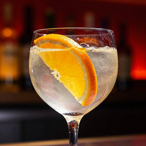 Photograph of a clear glass with a vibrant orange slice floating in a sparkling, ice-filled cocktail, set against a blurred, warm-toned background.