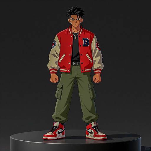 Anime Male Character in Varsity Jacket and Cargo Pants