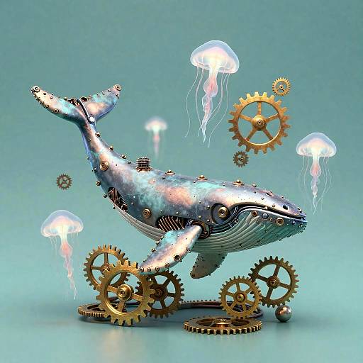 Surreal Mechanical Whale with Bioluminescent Jellyfish